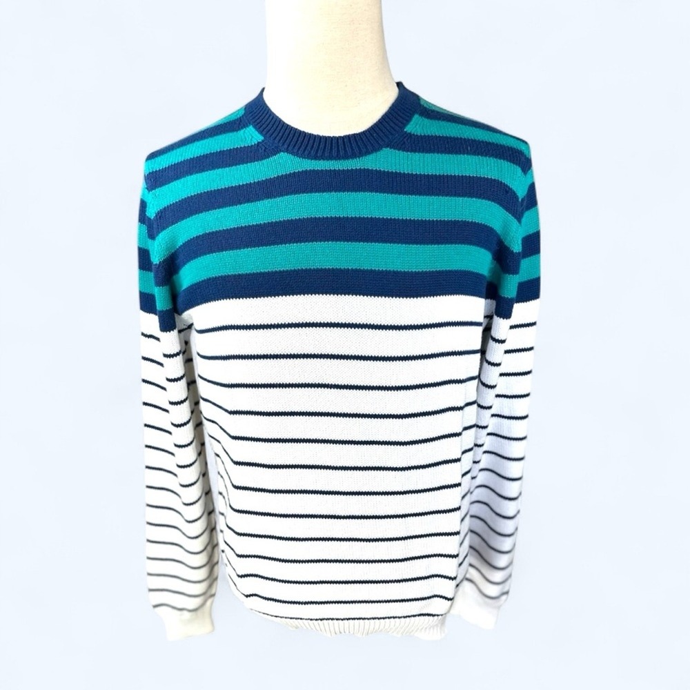 Brooks Brothers SZ VTG Large Blue & White ,aqua‎ Green Cotton Crewneck Sweater